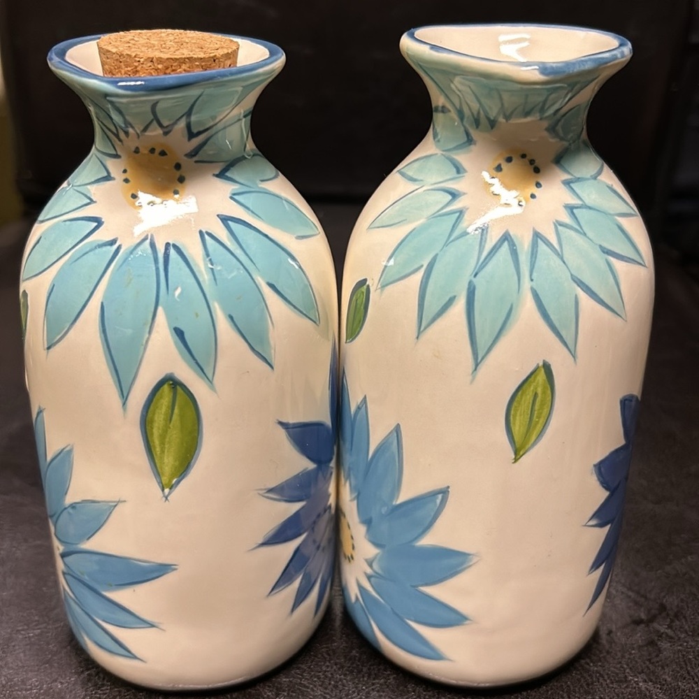 Vintage Oil and Vinegar Porcelain Bottles.Blue floral painting.